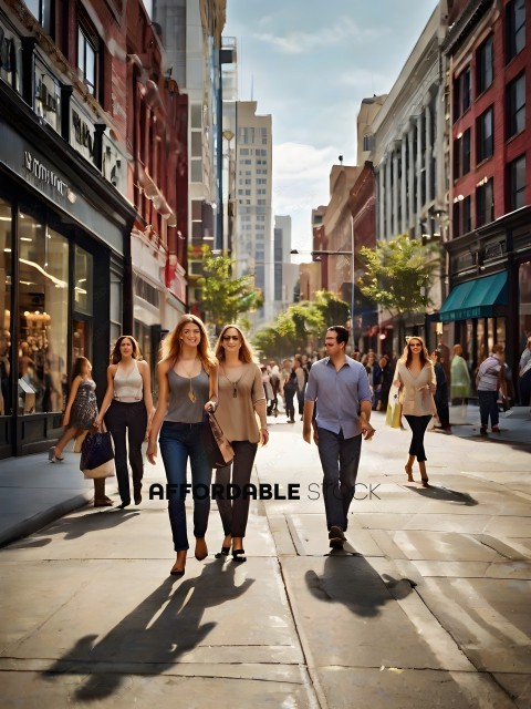 A group of people walking down a city street