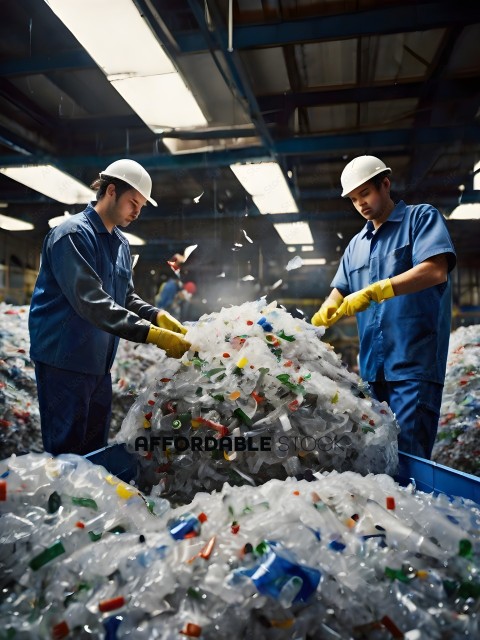 Two men working with plastic bottles