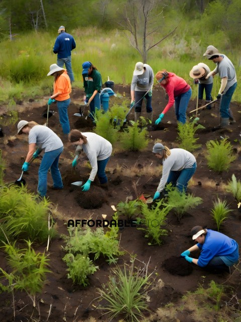 A group of people planting plants in a field
