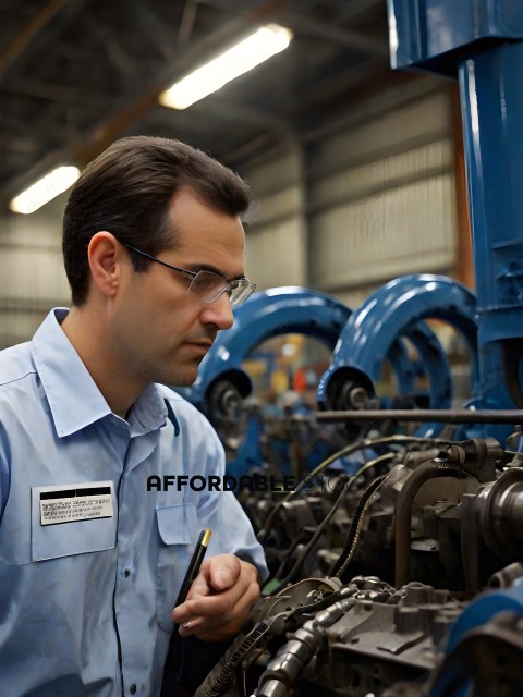 A man in a blue shirt and glasses is writing something down