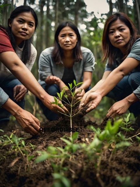Four Asian women planting a seedling