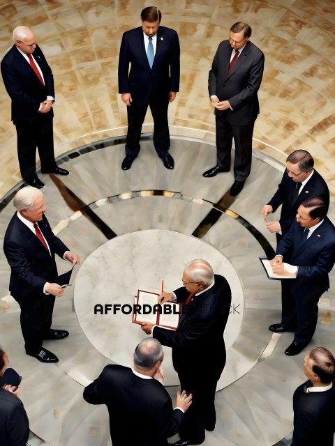 Men in suits and ties gather around a circular table