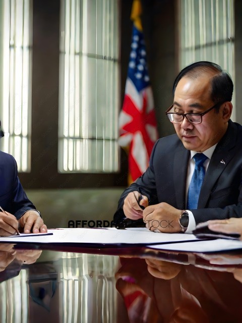 Two men in suits signing a document