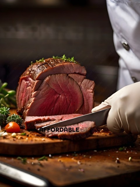 A person cutting a steak with a knife