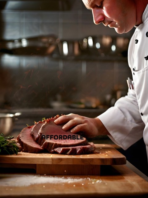 A chef preparing a steak on a cutting board