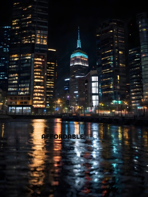 Reflection of a city skyline at night