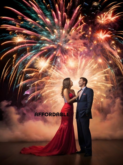 A couple kissing in front of a fireworks display