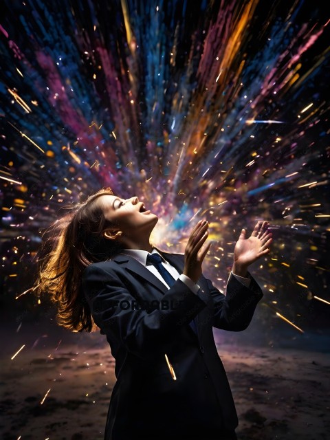 A woman in a suit and tie is singing in front of a colorful light show