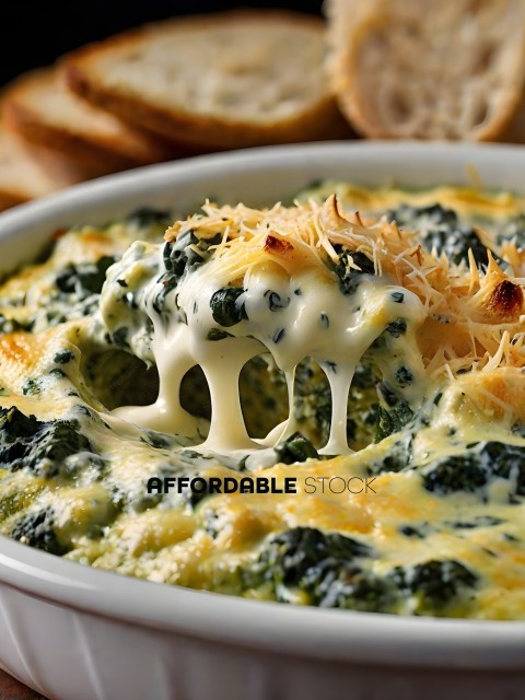 A bowl of spinach dip with a dollop of sour cream on top