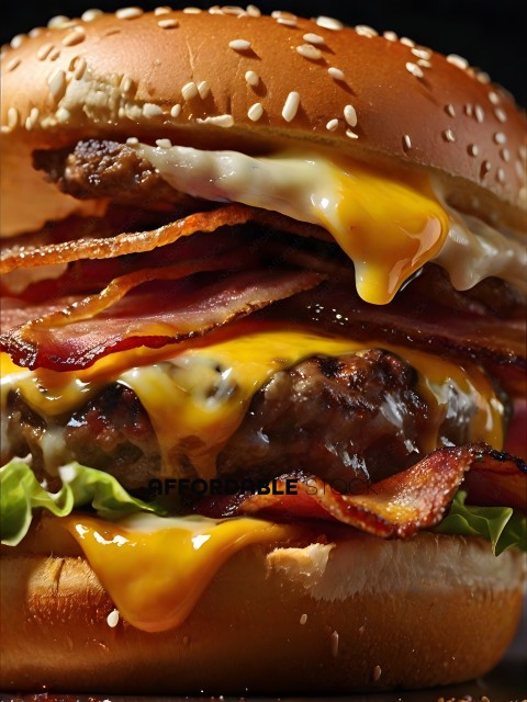 A close up of a cheeseburger with bacon and lettuce