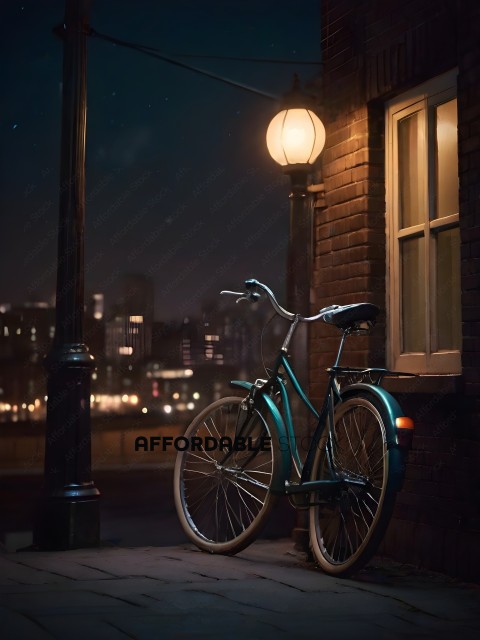 A bicycle parked next to a building at night
