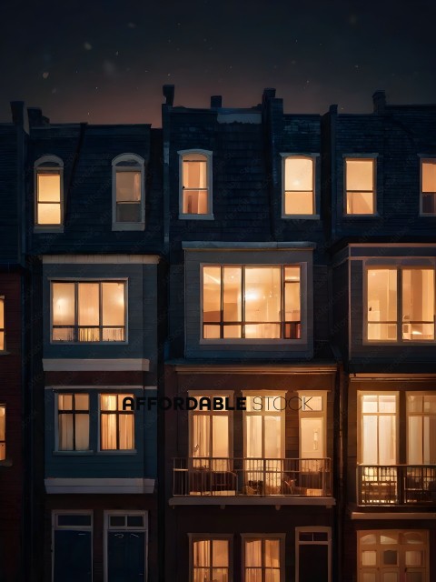 A row of houses with lights on in the windows