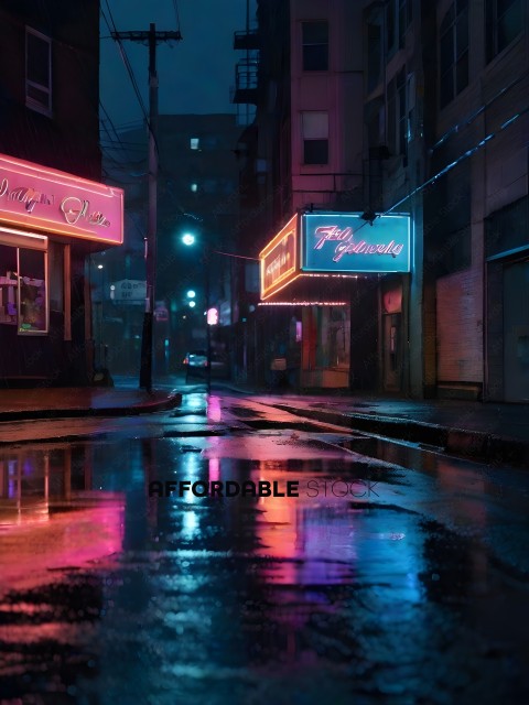 Rainy Night in a City with Pink and Blue Signs