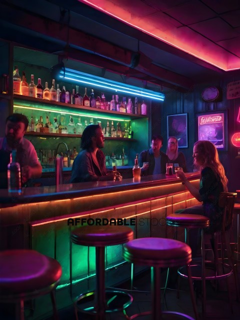 A group of people at a bar with neon lights