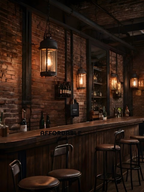 A bar with a wooden counter and brick walls