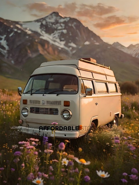 A white van with a camper on the back is parked in a field of flowers