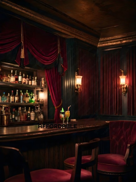 A dark bar with a red curtain and a variety of drinks