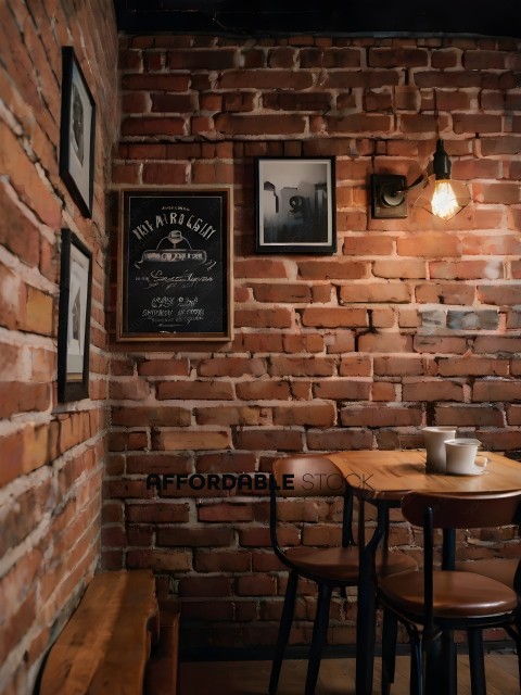 A brick wall with a chalkboard menu and two empty chairs