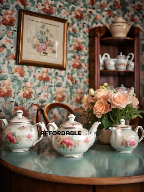A table with three tea pots and a vase of flowers