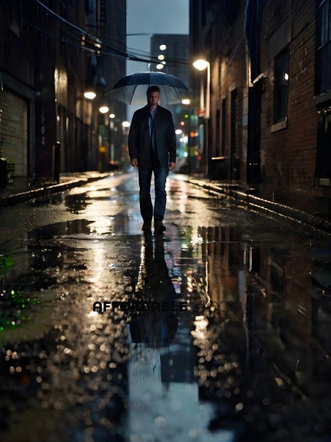 Man walking down a rain soaked street holding an umbrella