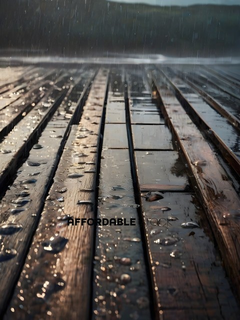A wooden deck with rain drops on it