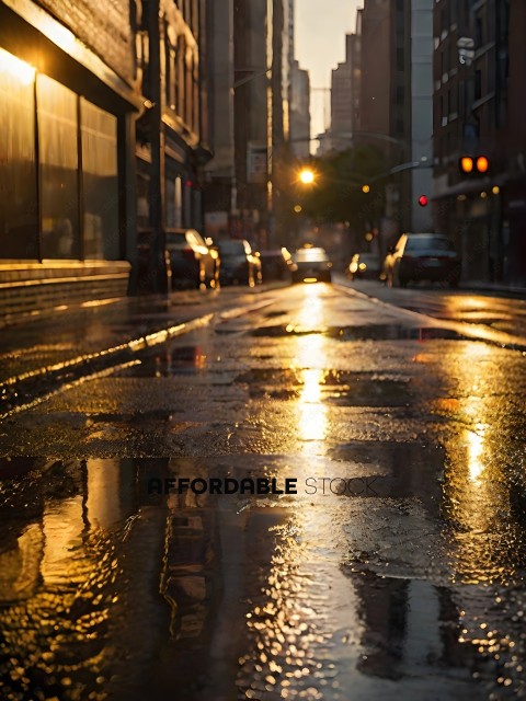 A city street at dusk with a reflection of the sun on the wet pavement