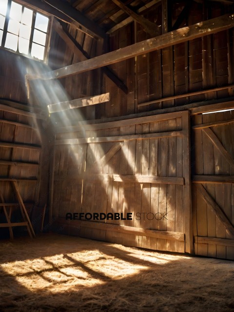 A large wooden barn with a beam of light shining through the window