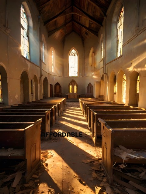 An abandoned church with sunlight streaming through the windows