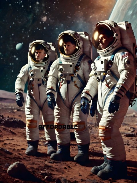 Three Astronauts Standing on Planet