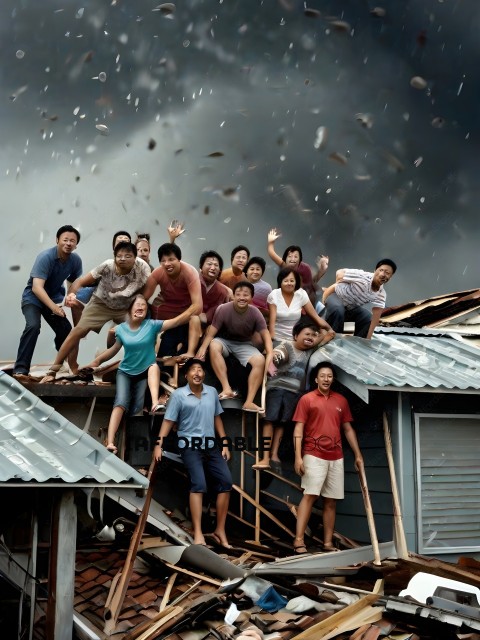 People on a roof during a storm