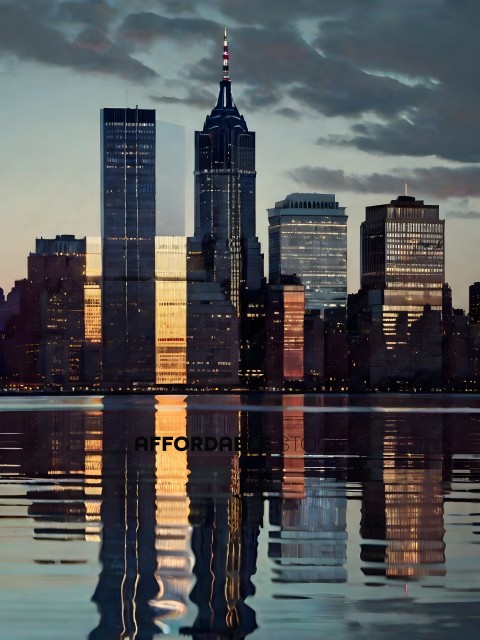 Reflection of a city skyline on a body of water