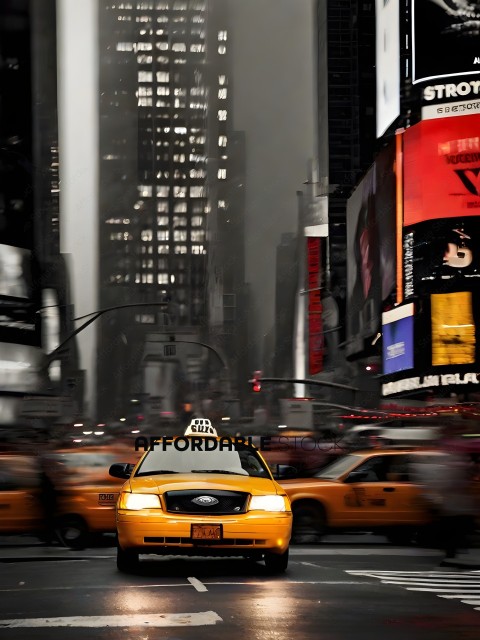 A yellow taxi cab driving down a busy street
