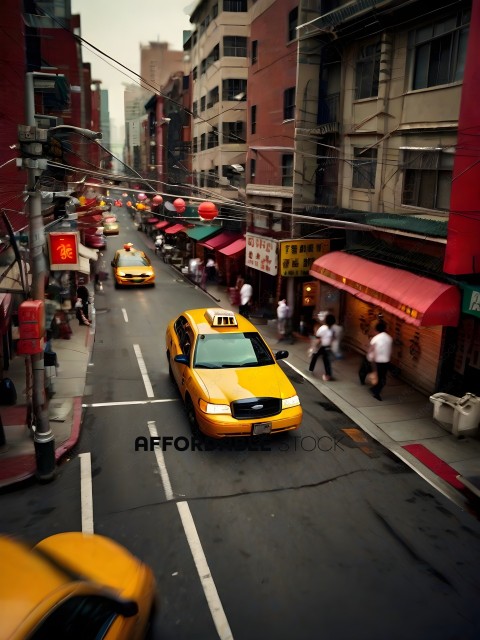 A yellow taxi cab drives down a busy street