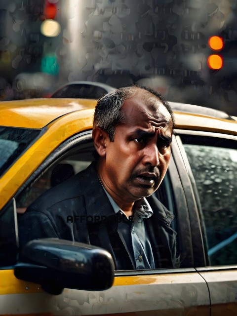 A man in a black jacket and blue shirt driving a yellow taxi