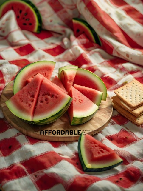 A wooden cutting board with sliced watermelon and crackers