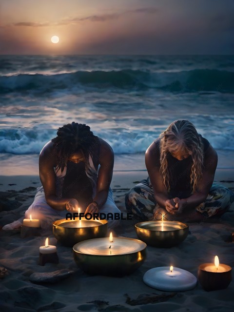 Two women sit on the beach at sunset, meditating with candles