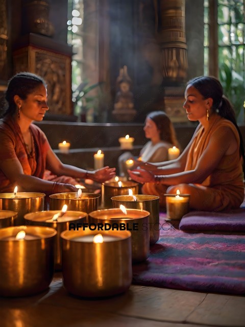 Two women sitting in a circle with candles
