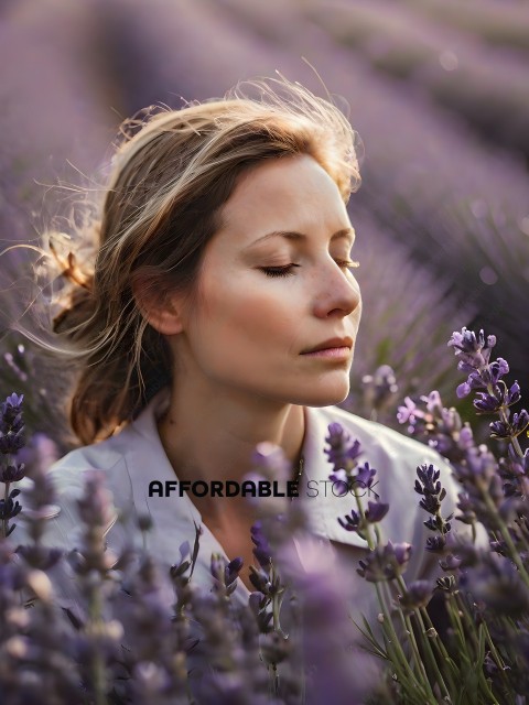 A woman with blonde hair and a white shirt is surrounded by lavender flowers