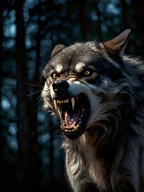Wolf with teeth showing, snarling in the woods