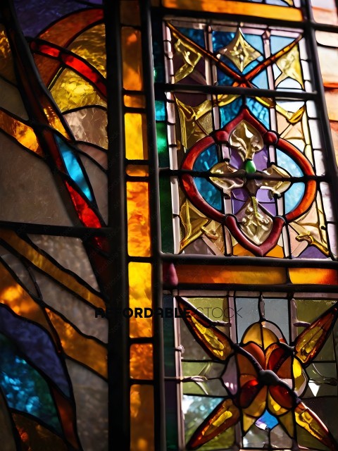 A stained glass window with a colorful design