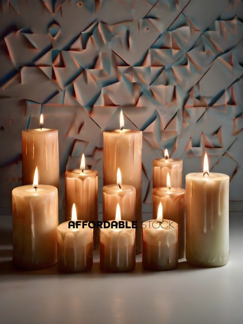 A row of candles with a blue and white background