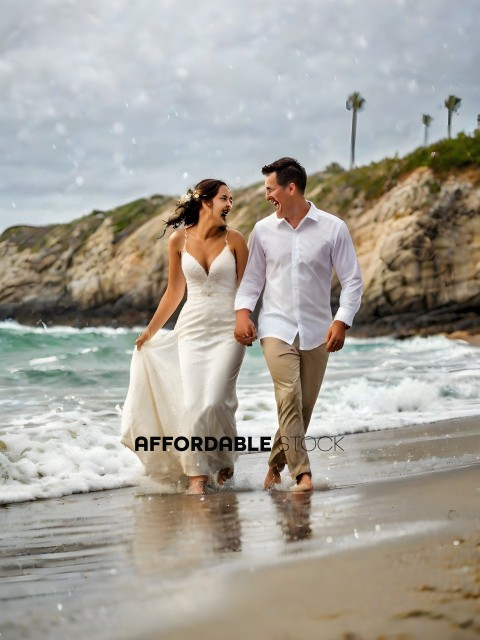 A Bride and Groom Walking on the Beach