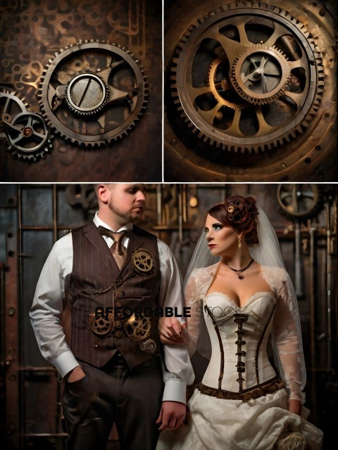 A couple dressed in vintage clothing with clocks on their vest