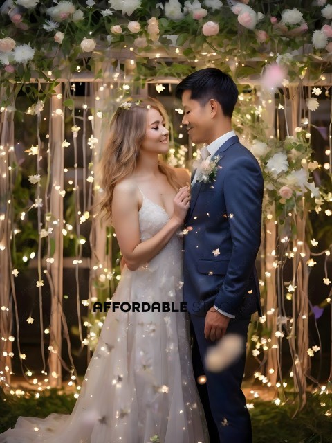 A Bride and Groom in a Garden with Lights