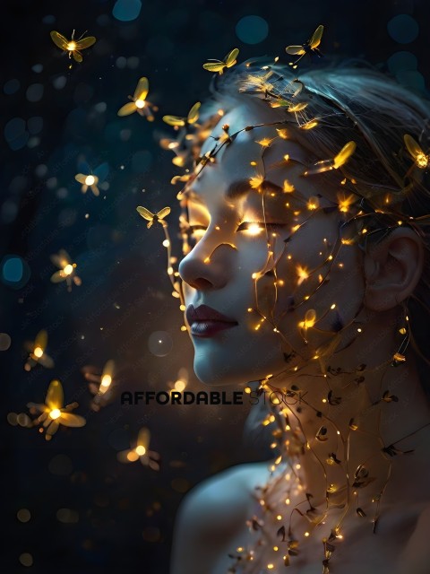A woman with a crown of lighted butterflies on her head
