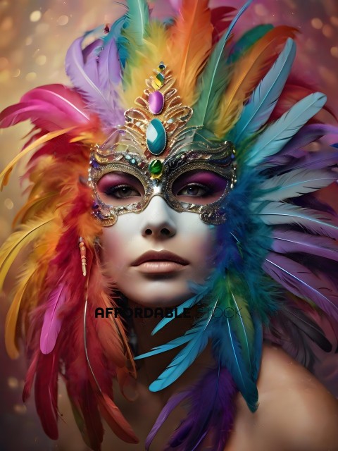 A woman wearing a colorful, feathered mask