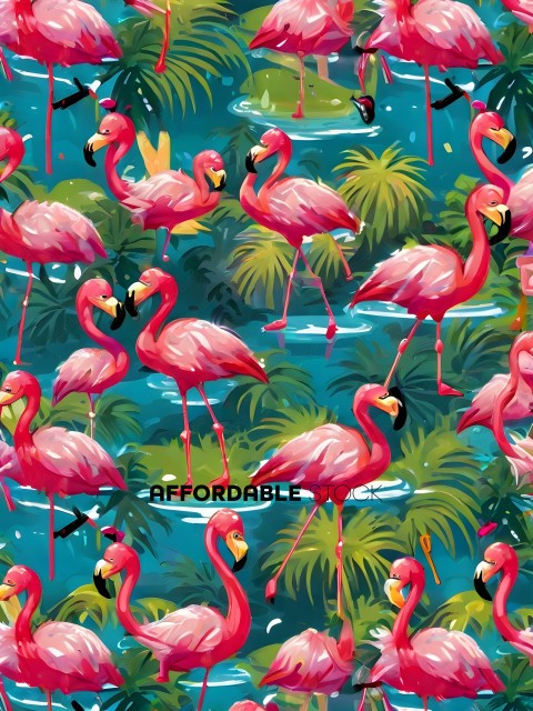 Pink Flamingos in a Pond with Palm Trees