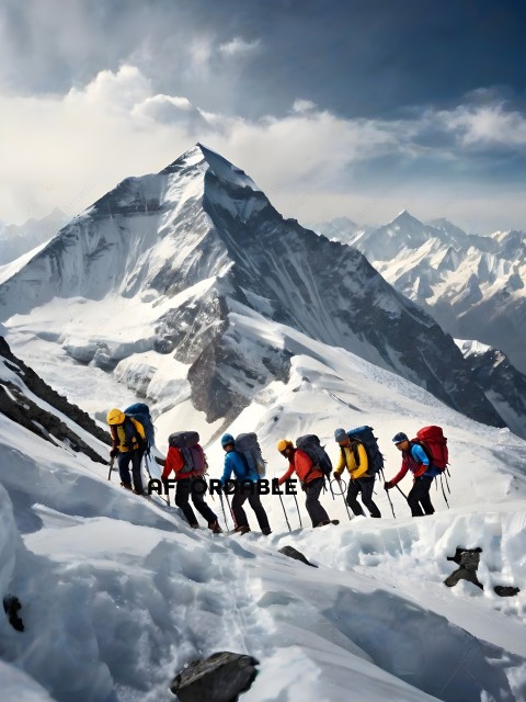 A group of hikers climb a snowy mountain