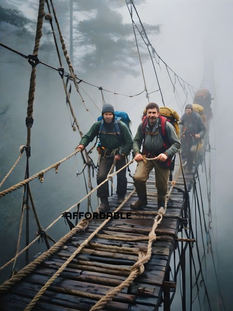 Men crossing a rope bridge