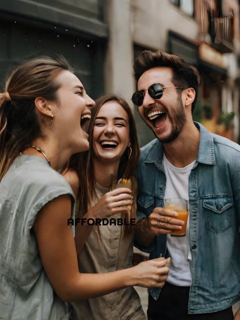 Three friends laughing and drinking together